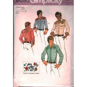 Simplicity 6693 Men Western Shirt Sewing Pattern Embroidery Transfer Size‎ 38 40